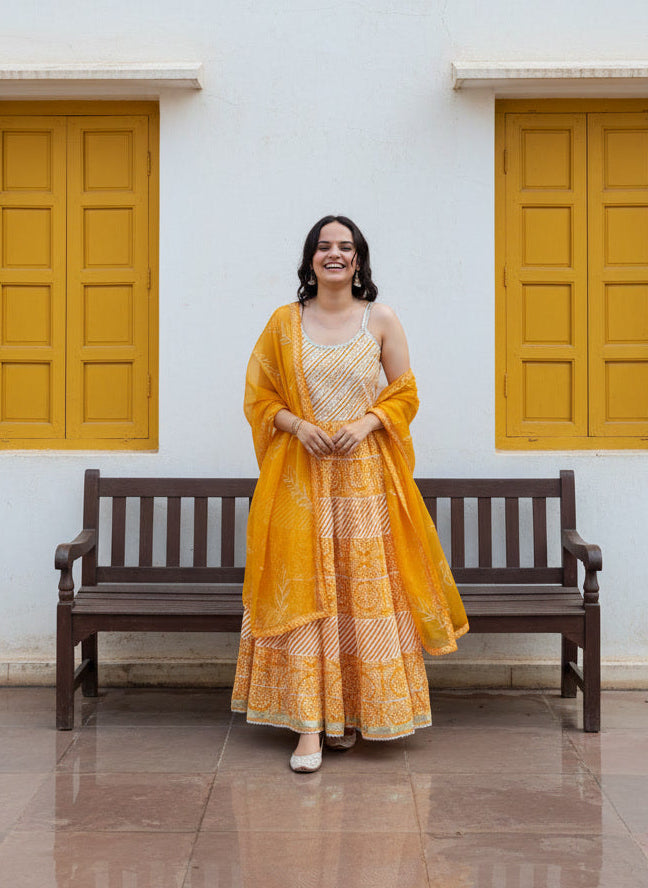 Yellow Gotta work Cotton Anarkali Suit Set with Organza Dupatta