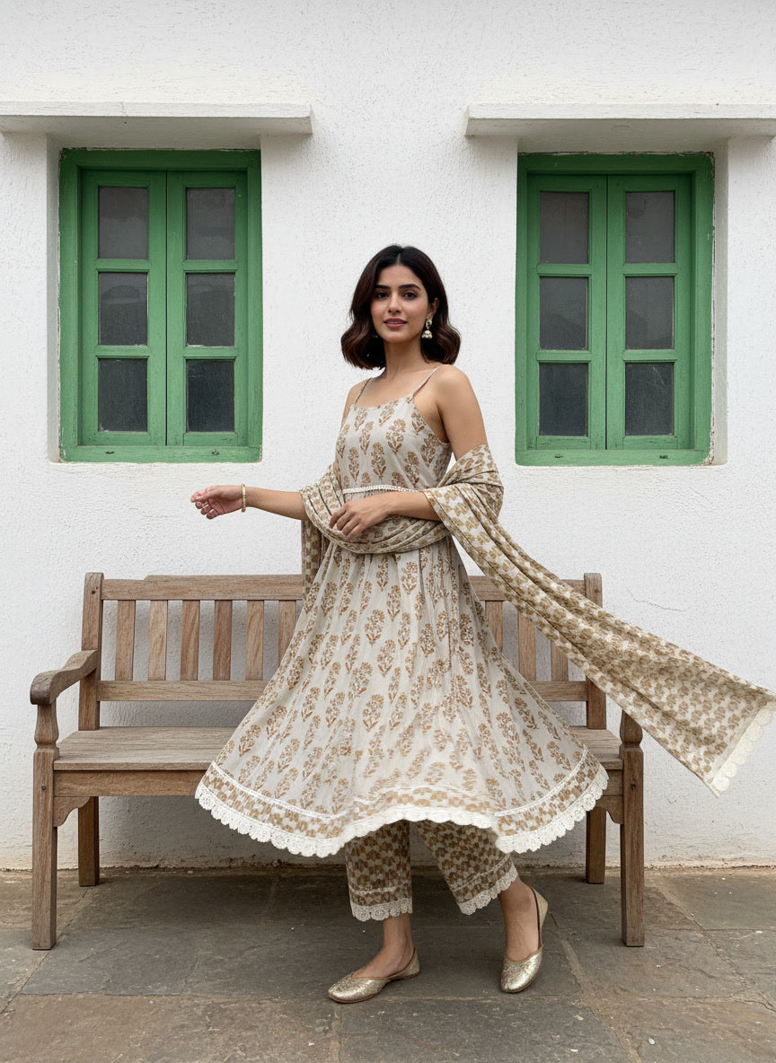 Beige Printed Cotton Anarkali Suit Set with lace detailing