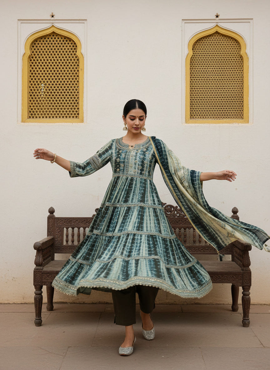 Green Muslin Anarkali Suit Set