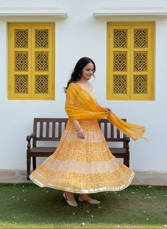 Yellow Gotta work Cotton Anarkali Suit Set with Organza Dupatta
