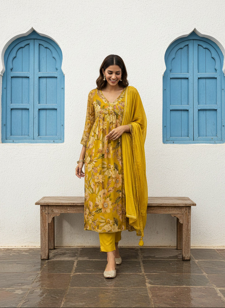 Mustard Chinon Alia Cut With Dupatta