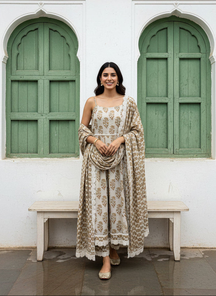 Beige Printed Cotton Anarkali Suit Set with lace detailing