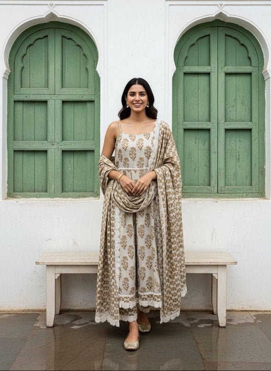 Beige Printed Cotton Anarkali Suit Set with lace detailing