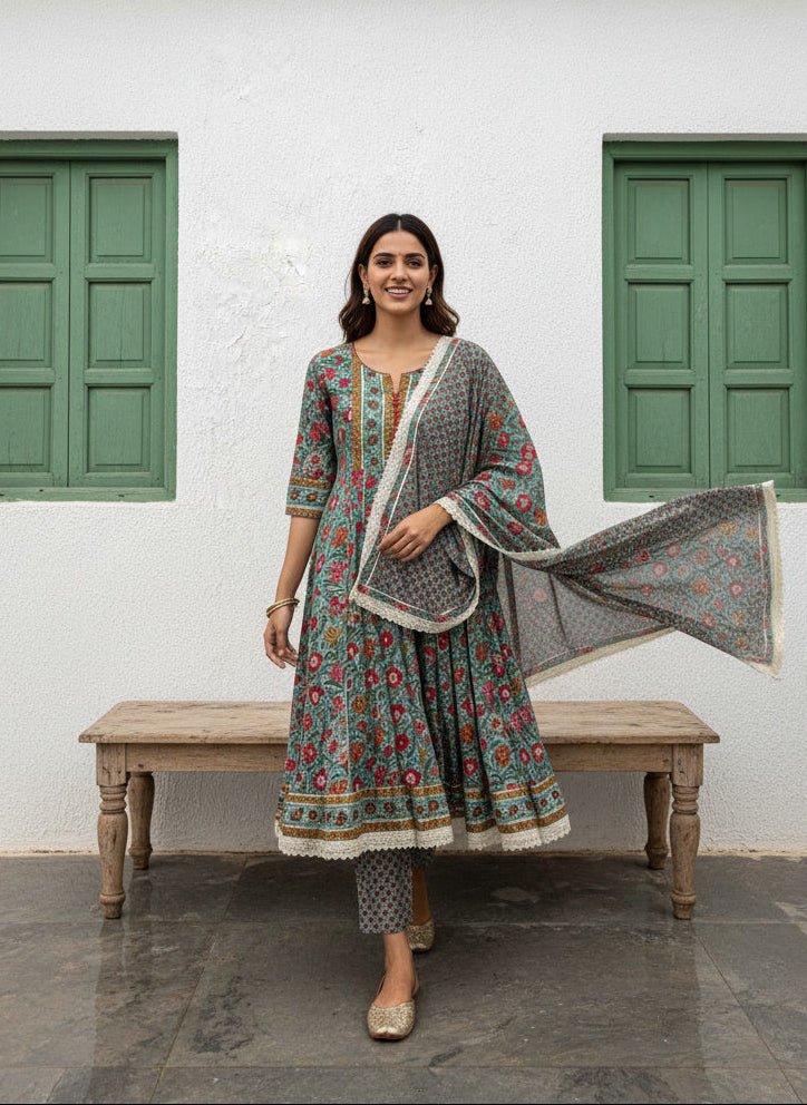 Printed Cotton Anarkali Suit Set with cotton printed dupatta