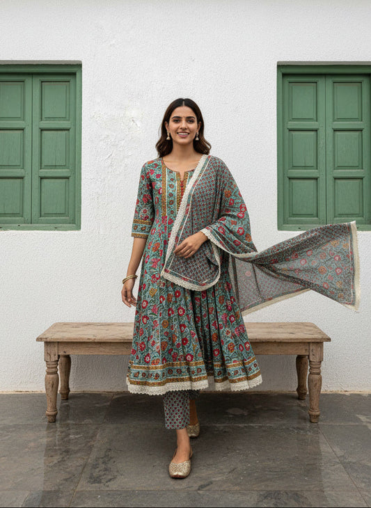 Printed Cotton Anarkali Suit Set with cotton printed dupatta