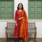 Red Printed Cotton Anarkali Suit Set With Kota Doriya Dupatta