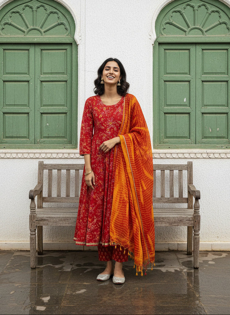 Red Printed Cotton Anarkali Suit Set With Kota Doriya Dupatta