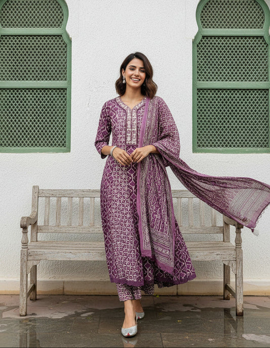 Blue/Purple Printed Cotton Anarkali Suit Set with Printed Cotton Dupatta