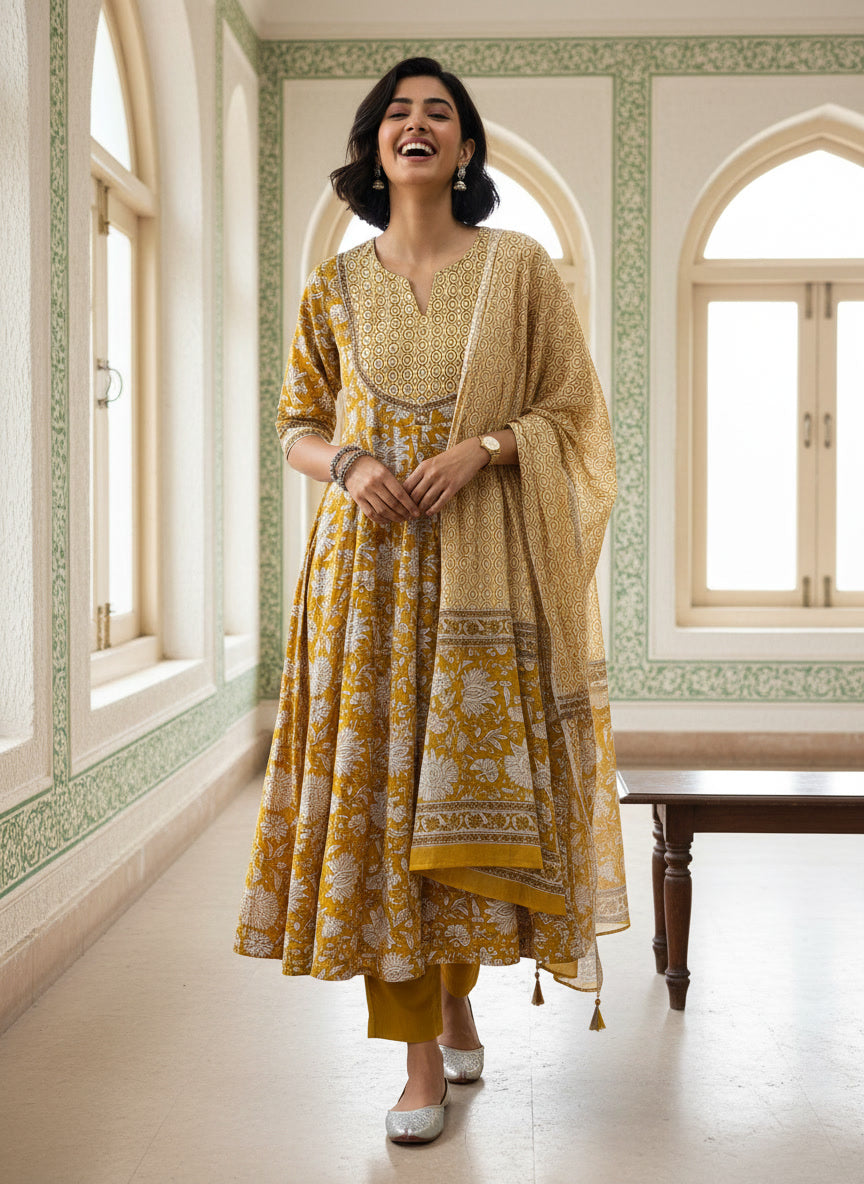 Yellow Print Anarkali with Printed Dupatta