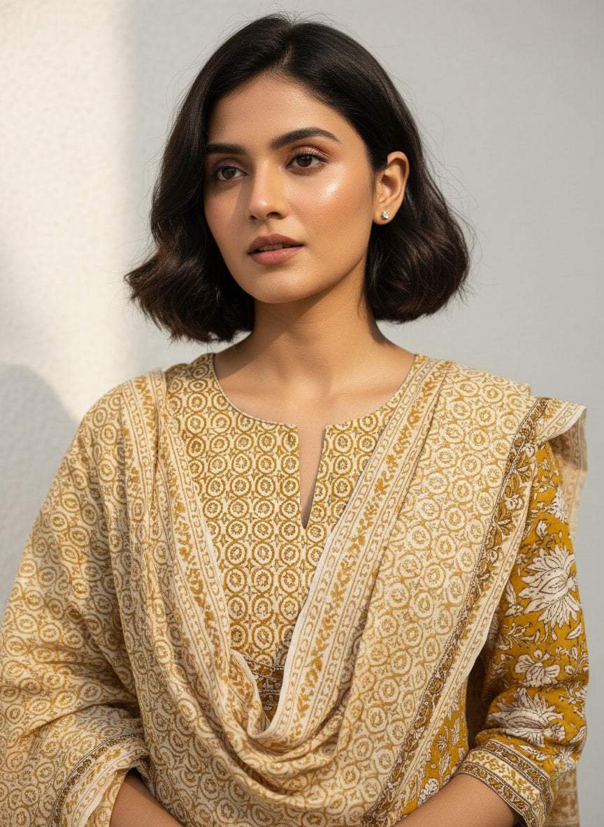 Yellow Print Anarkali with Printed Dupatta