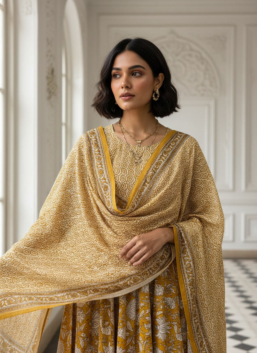 Yellow Print Anarkali with Printed Dupatta