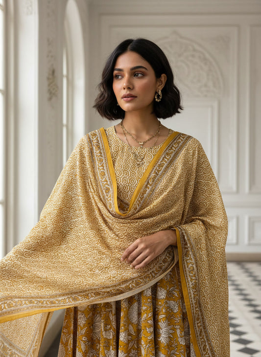 Yellow Print Anarkali with Printed Dupatta