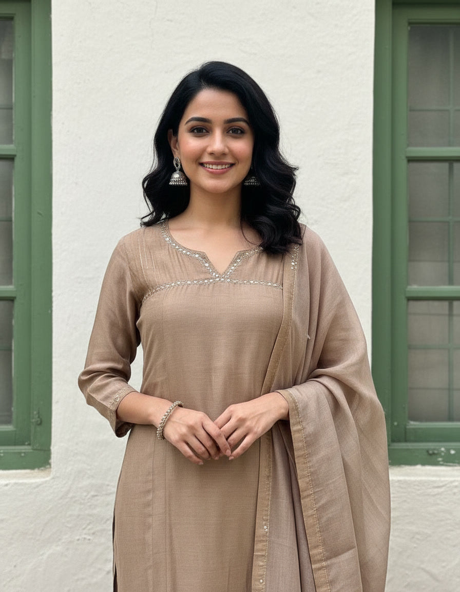 Mul Chanderi Elegant Solid Kurta Set