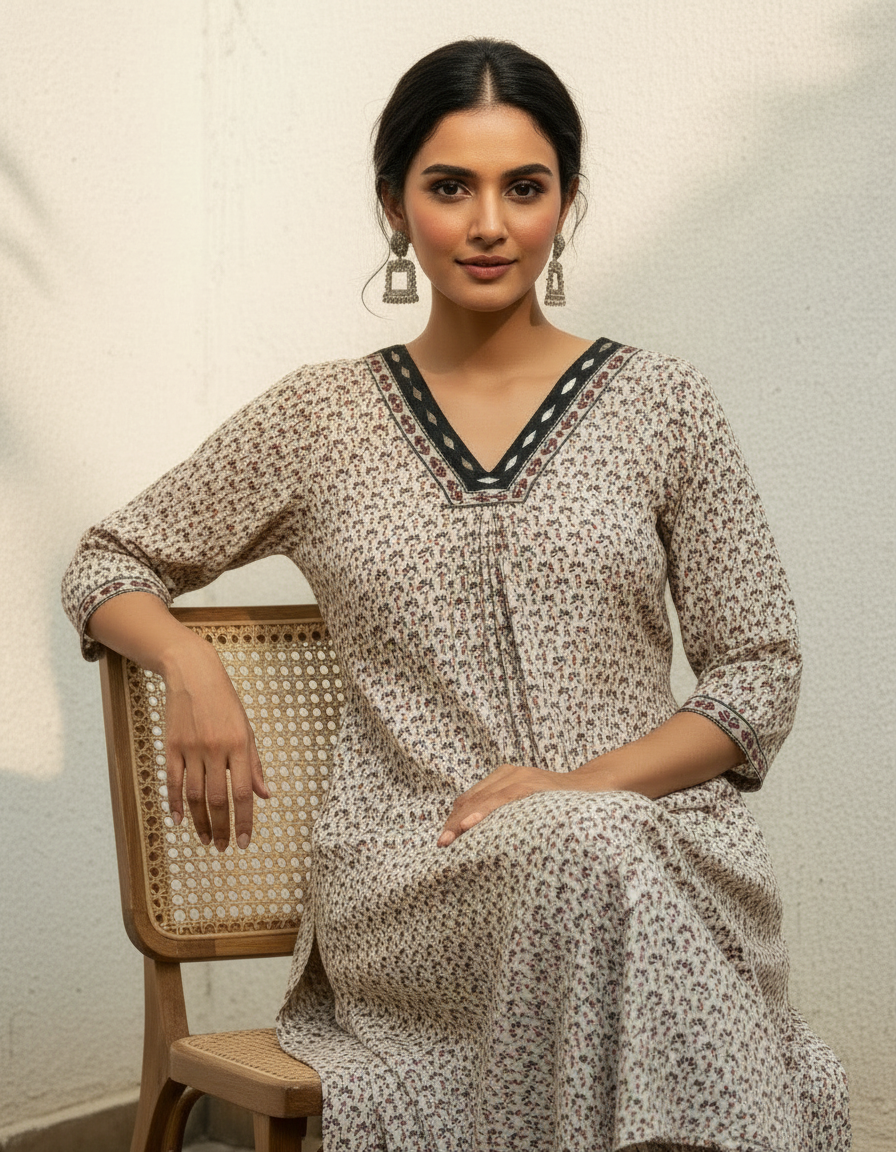 Handcrafted Cotton Kurta Palazzo Set with Mirror-Detail Neckline