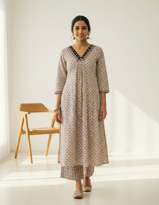 Handcrafted Cotton Kurta Palazzo Set with Mirror-Detail Neckline