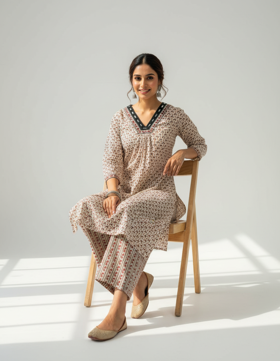 Handcrafted Cotton Kurta Palazzo Set with Mirror-Detail Neckline