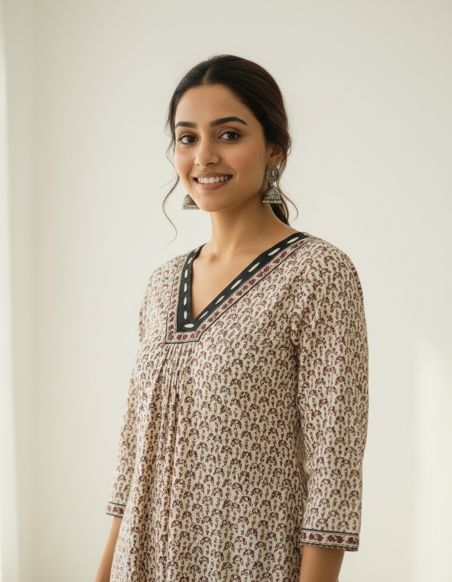Handcrafted Cotton Kurta Palazzo Set with Mirror-Detail Neckline
