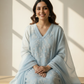 Mul Chanderi A-Line Kurta Set with Elegant Thread Embroidery (Light Blue)