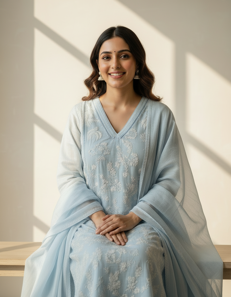 Mul Chanderi A-Line Kurta Set with Elegant Thread Embroidery (Light Blue)