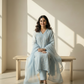 Mul Chanderi A-Line Kurta Set with Elegant Thread Embroidery (Light Blue)