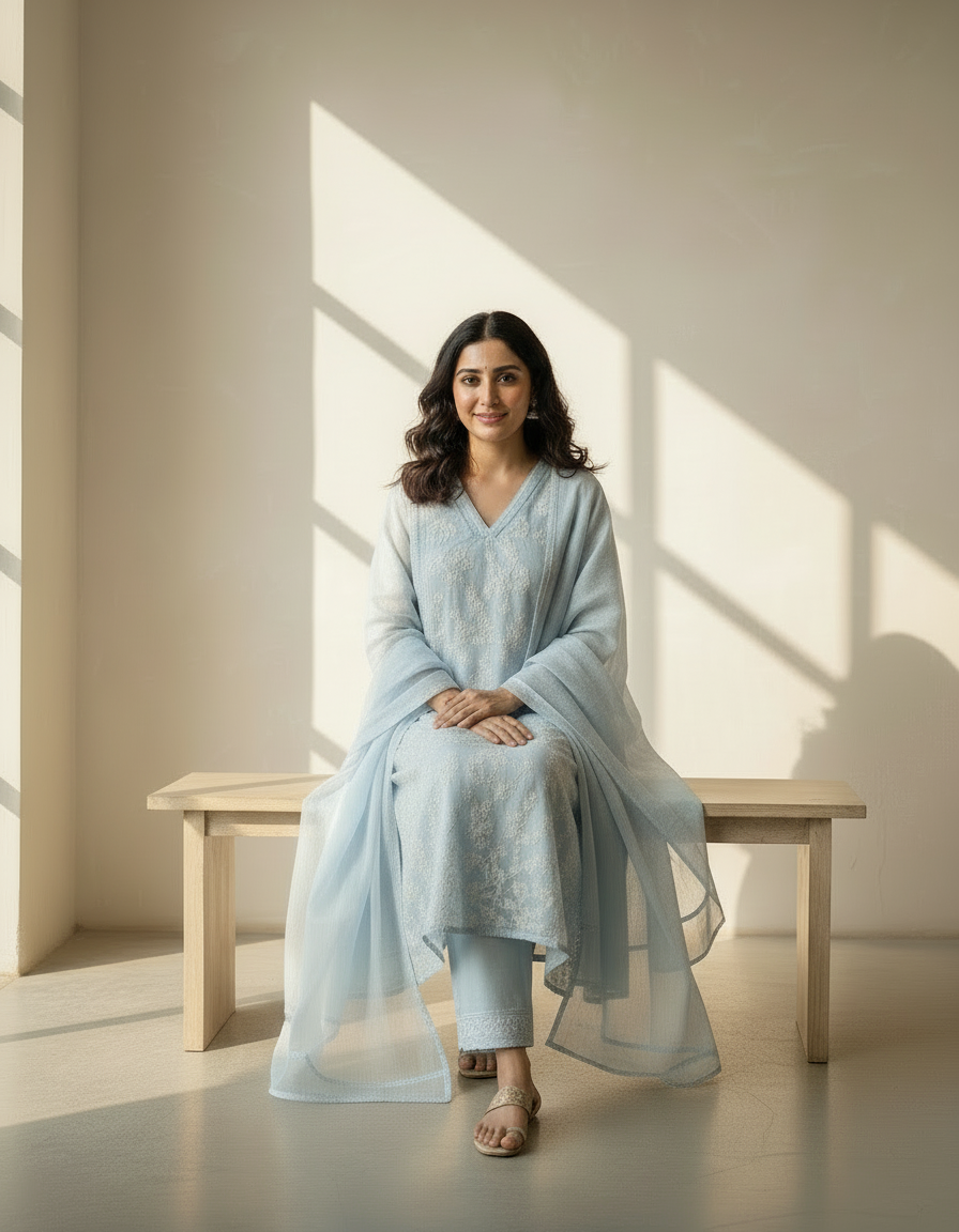 Mul Chanderi A-Line Kurta Set with Elegant Thread Embroidery (Light Blue)