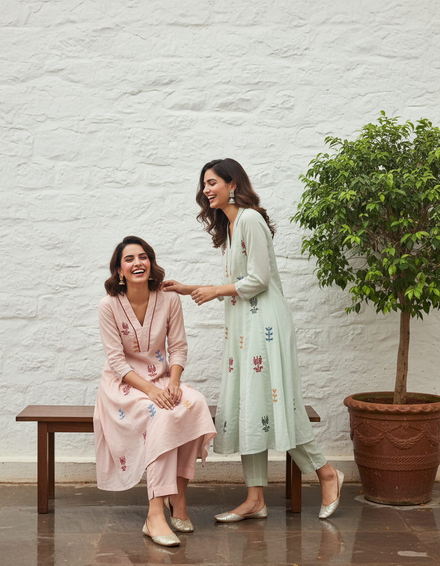 Mul Cotton Flared Suit with Delicate Embroidered Motifs (Mint Green)
