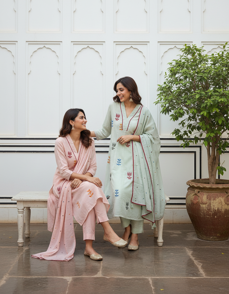 Mul Cotton Flared Suit with Delicate Embroidered Motifs (Mint Green)
