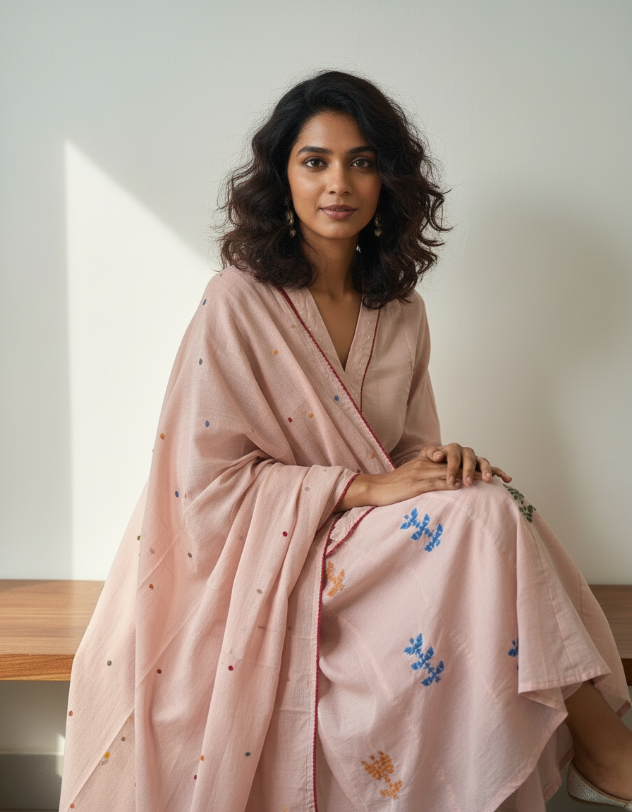 Mul Cotton Flared Suit with Delicate Embroidered Motifs (Pastel Pink)