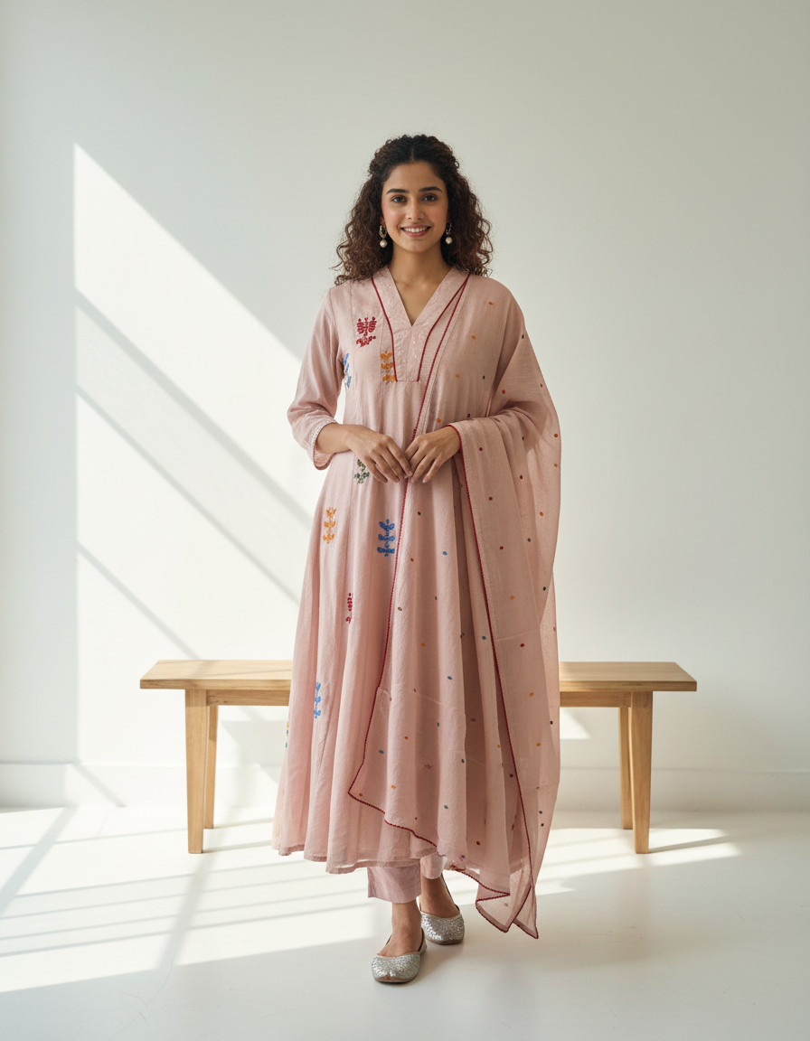 Mul Cotton Flared Suit with Delicate Embroidered Motifs (Pastel Pink)