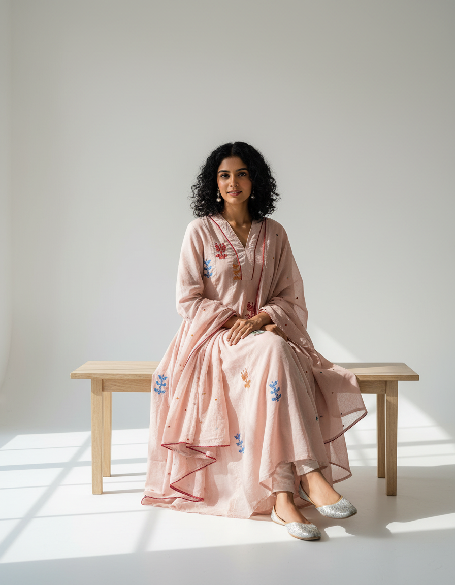 Mul Cotton Flared Suit with Delicate Embroidered Motifs (Pastel Pink)