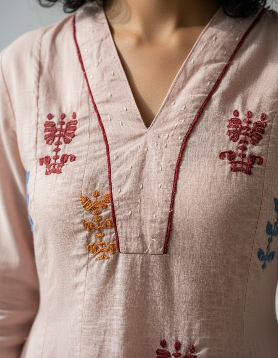 Mul Cotton Flared Suit with Delicate Embroidered Motifs (Pastel Pink)