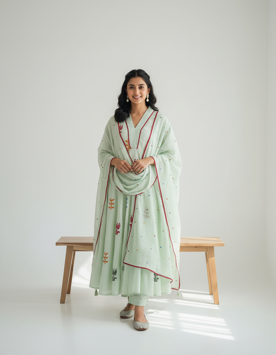 Mul Cotton Flared Suit with Delicate Embroidered Motifs (Mint Green)