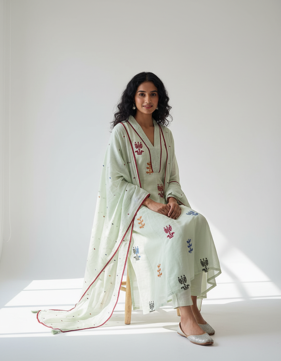 Mul Cotton Flared Suit with Delicate Embroidered Motifs (Mint Green)