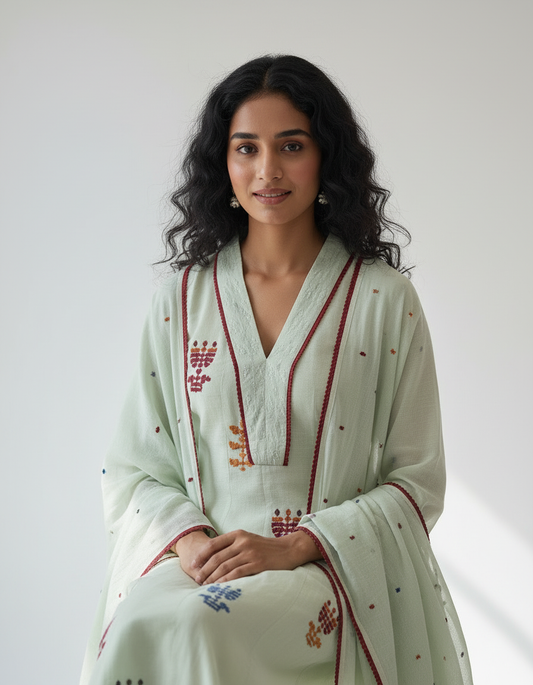 Mul Cotton Flared Suit with Delicate Embroidered Motifs (Mint Green)