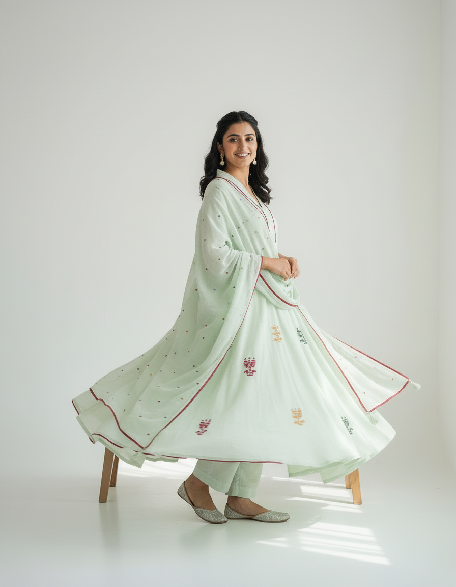 Mul Cotton Flared Suit with Delicate Embroidered Motifs (Mint Green)
