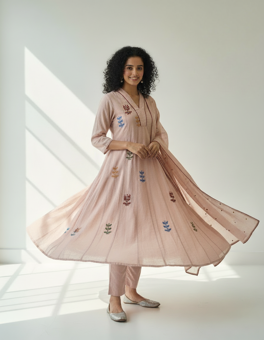 Mul Cotton Flared Suit with Delicate Embroidered Motifs (Pastel Pink)