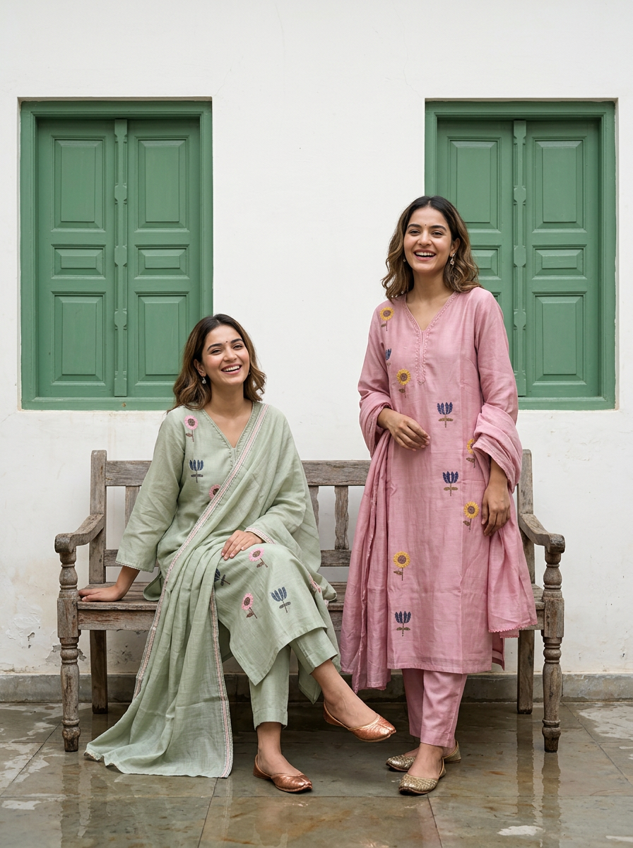 Mul Chanderi Floral Kurta Set with Delicate Embroidery (Mint Green)