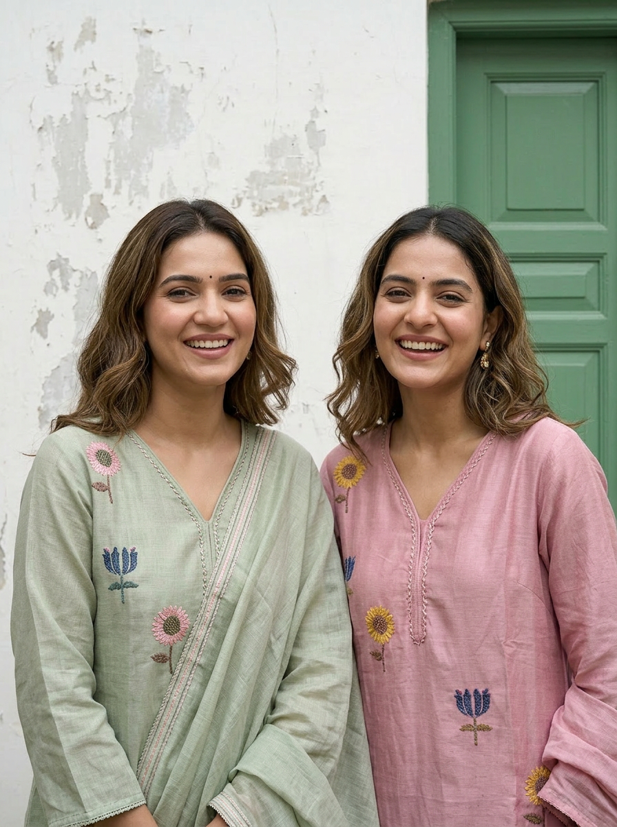 Mul Chanderi Floral Kurta Set with Delicate Embroidery (Pink)