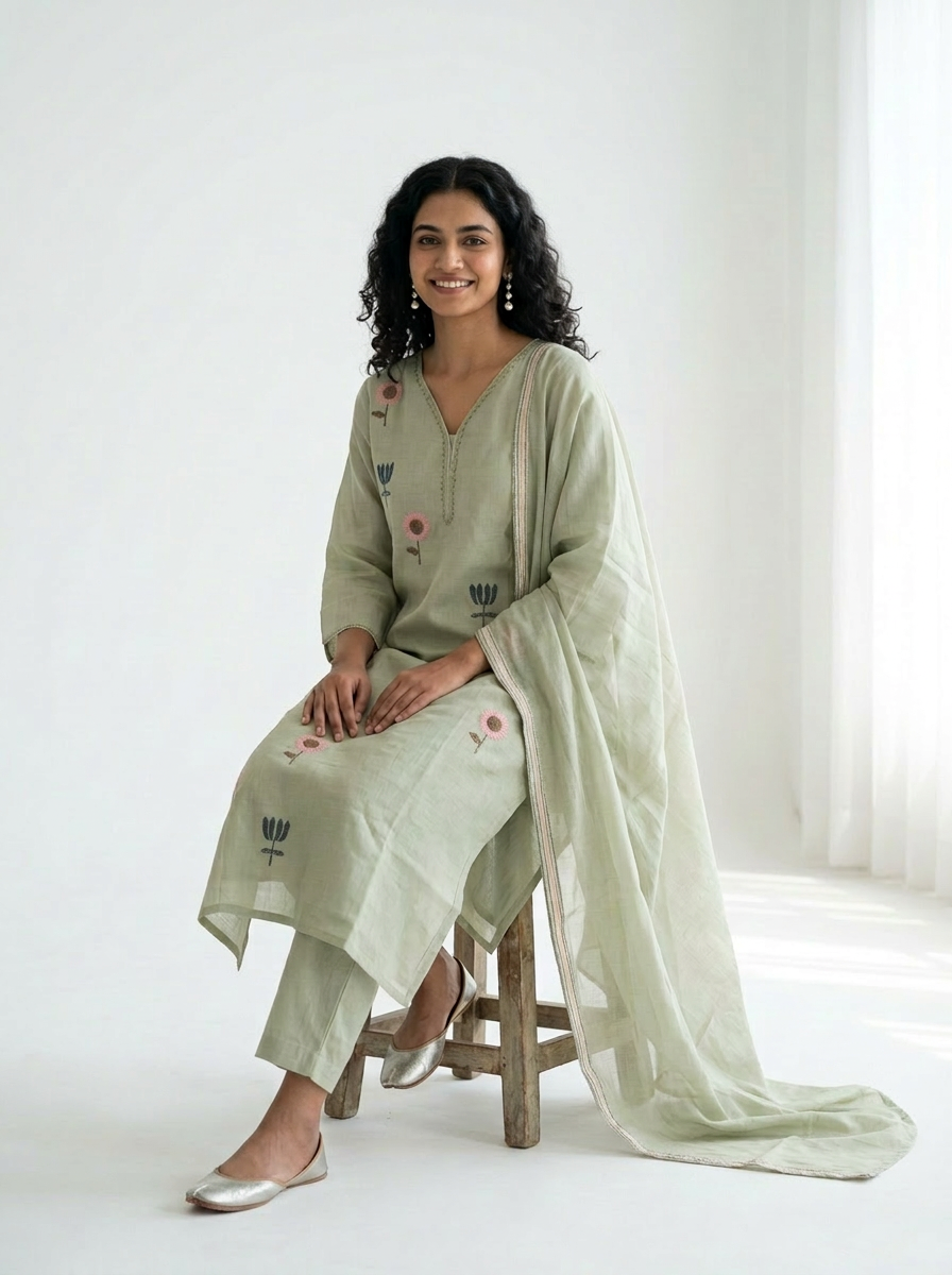 Mul Chanderi Floral Kurta Set with Delicate Embroidery (Mint Green)