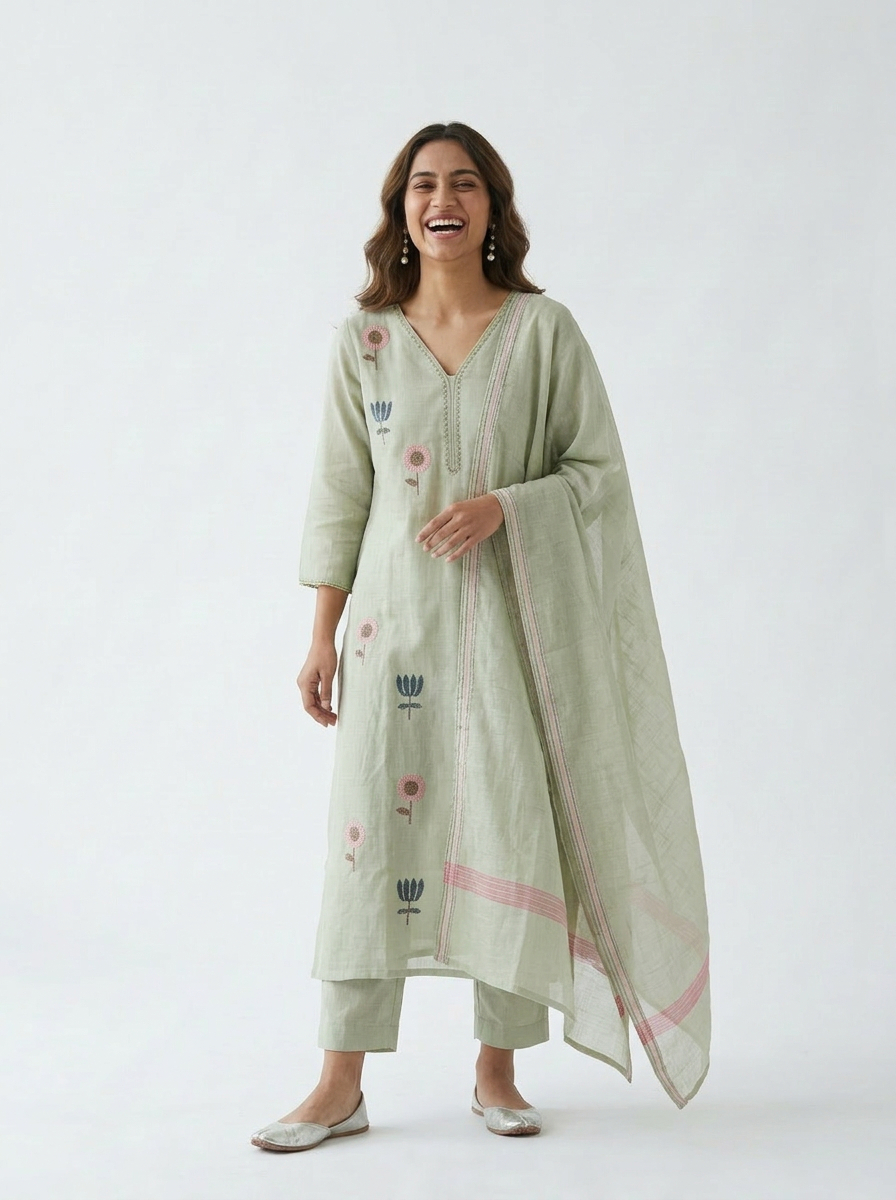Mul Chanderi Floral Kurta Set with Delicate Embroidery (Mint Green)