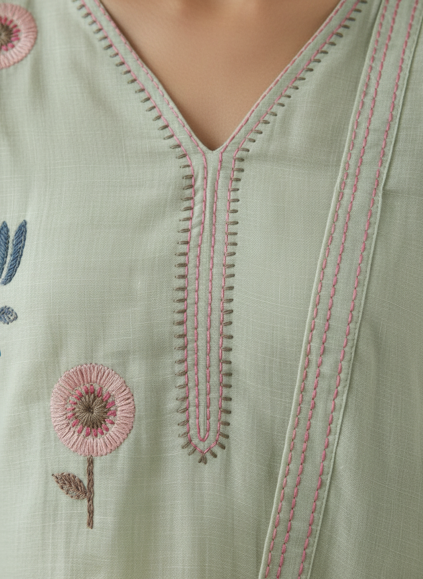 Mul Chanderi Floral Kurta Set with Delicate Embroidery (Mint Green)