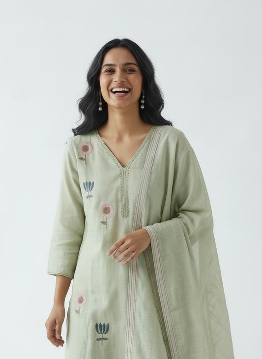 Mul Chanderi Floral Kurta Set with Delicate Embroidery (Mint Green)