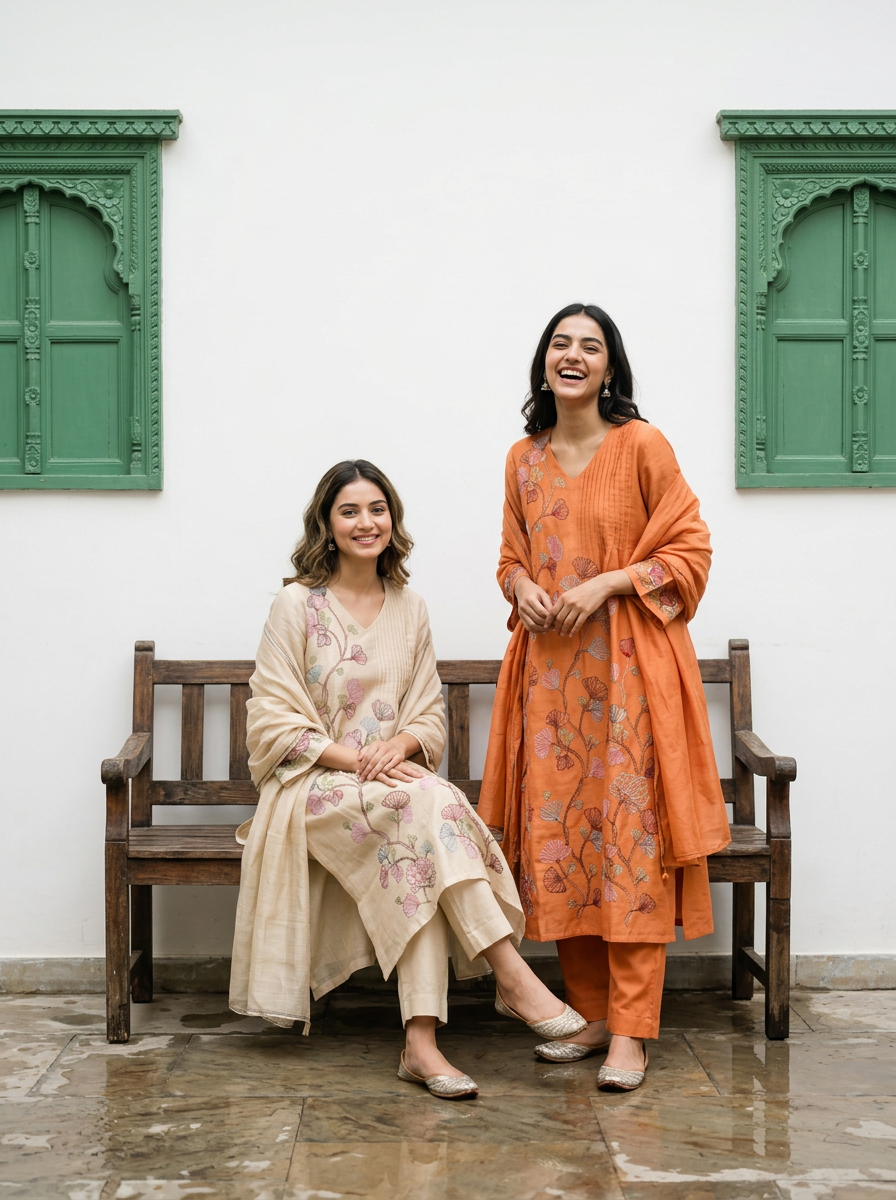 A-Line Mul Chanderi Kurta Set with Floral Embroidery (Ivory)
