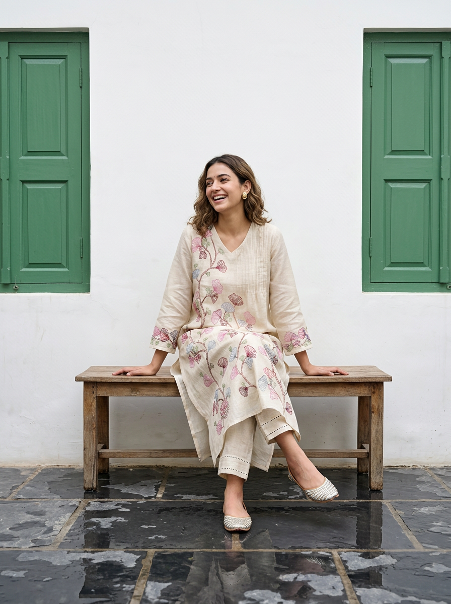A-Line Mul Chanderi Kurta Set with Floral Embroidery (Ivory)