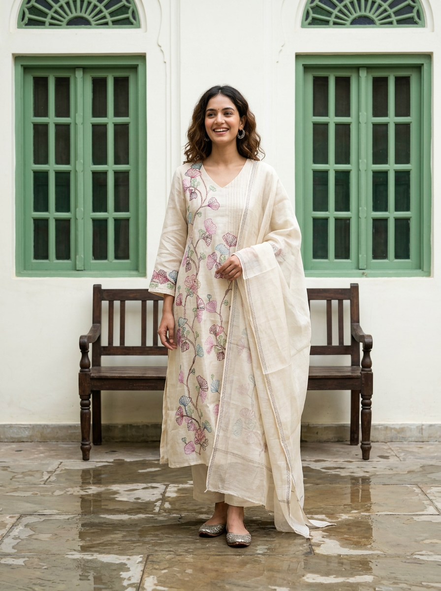 A-Line Mul Chanderi Kurta Set with Floral Embroidery (Ivory)