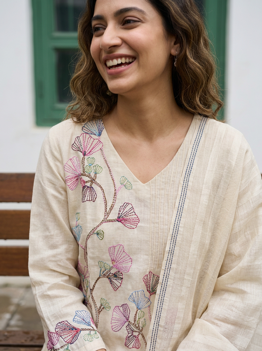 A-Line Mul Chanderi Kurta Set with Floral Embroidery (Ivory)