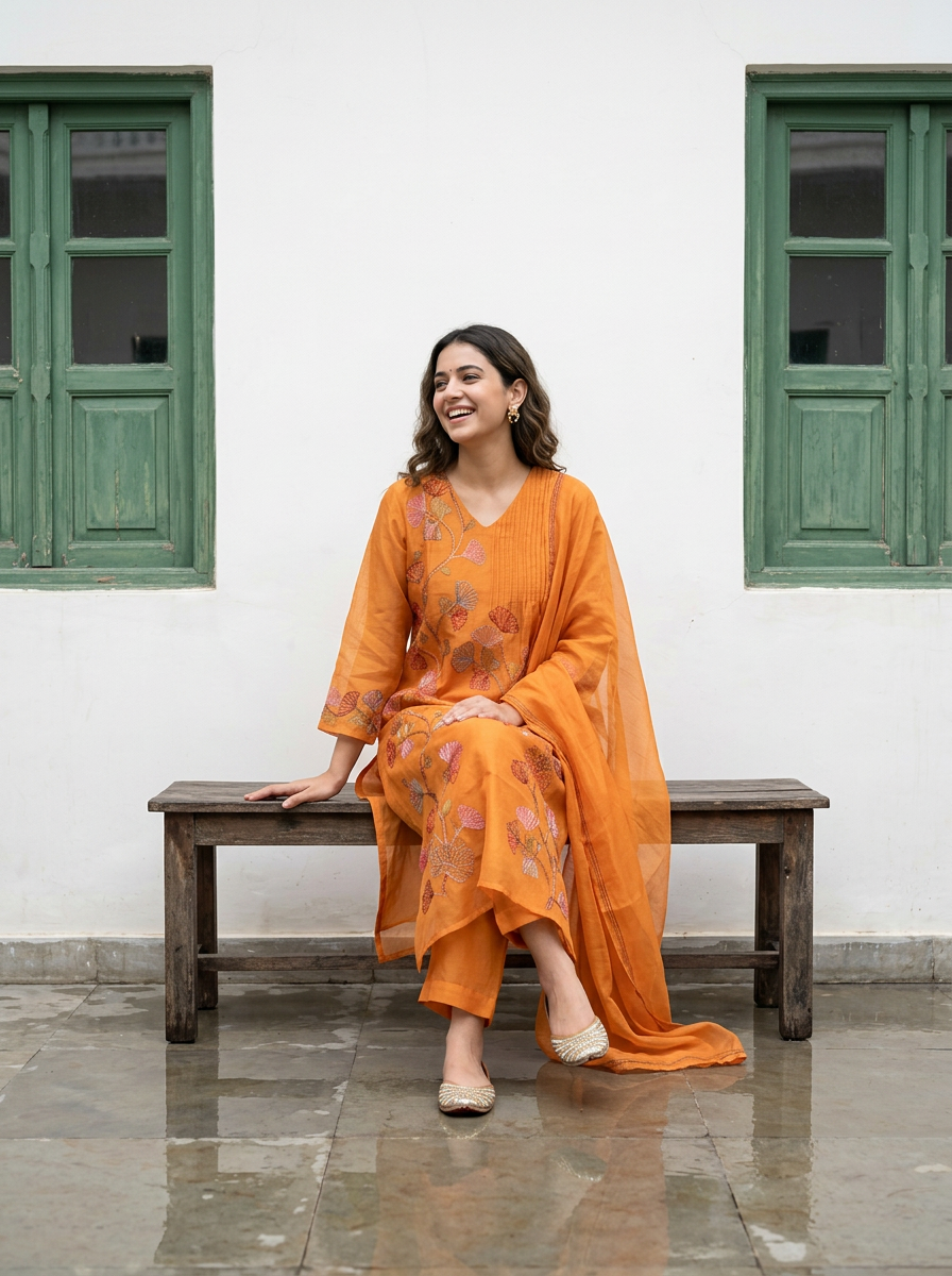 A-Line Mul Chanderi Kurta Set with Floral Embroidery