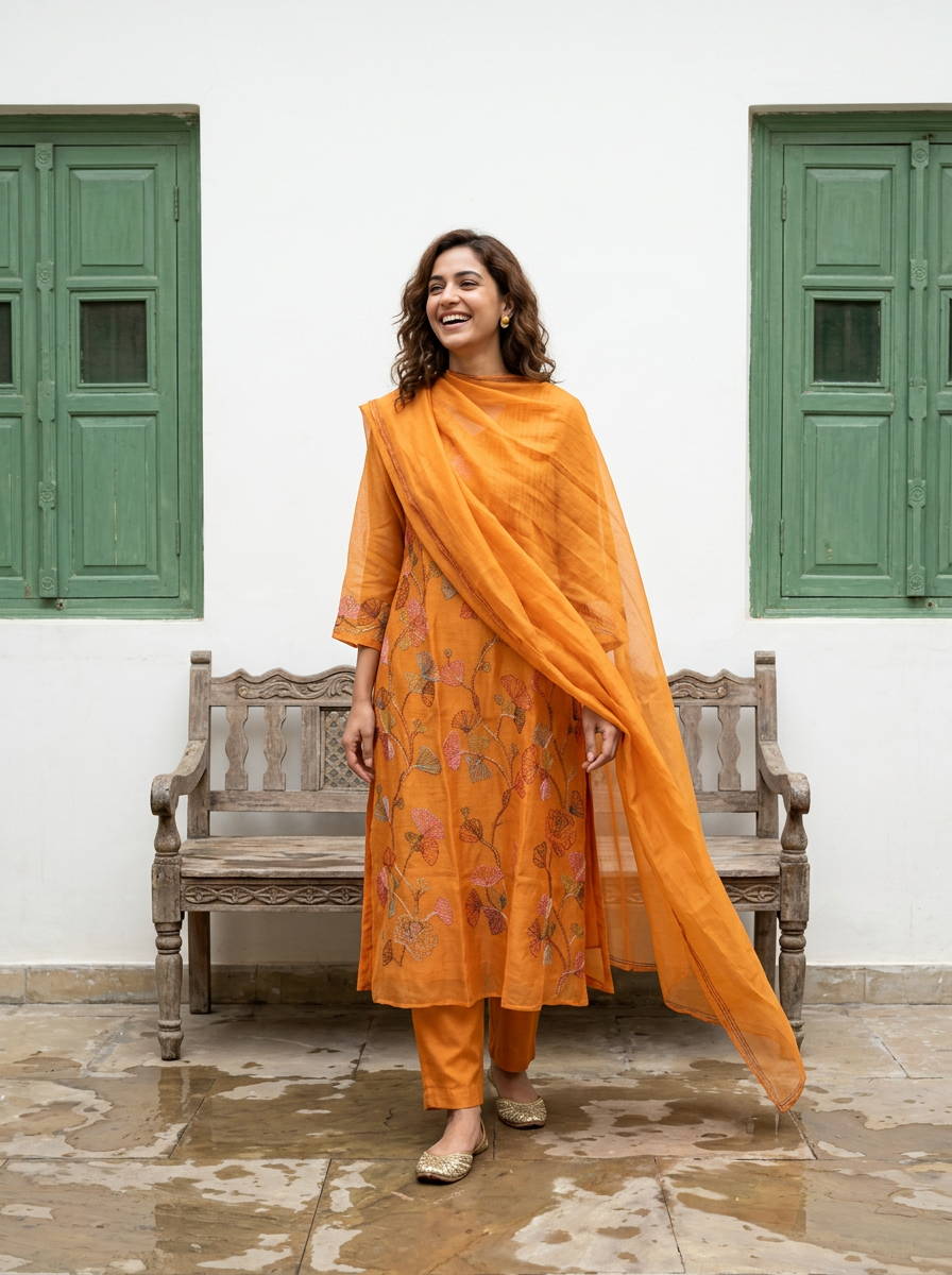 A-Line Mul Chanderi Kurta Set with Floral Embroidery