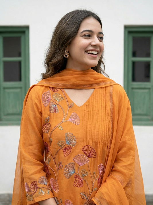 A-Line Mul Chanderi Kurta Set with Floral Embroidery