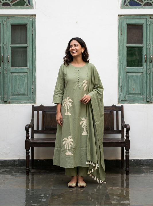 A-Line Cotton Kurta Set with Palm Motif Embroidery